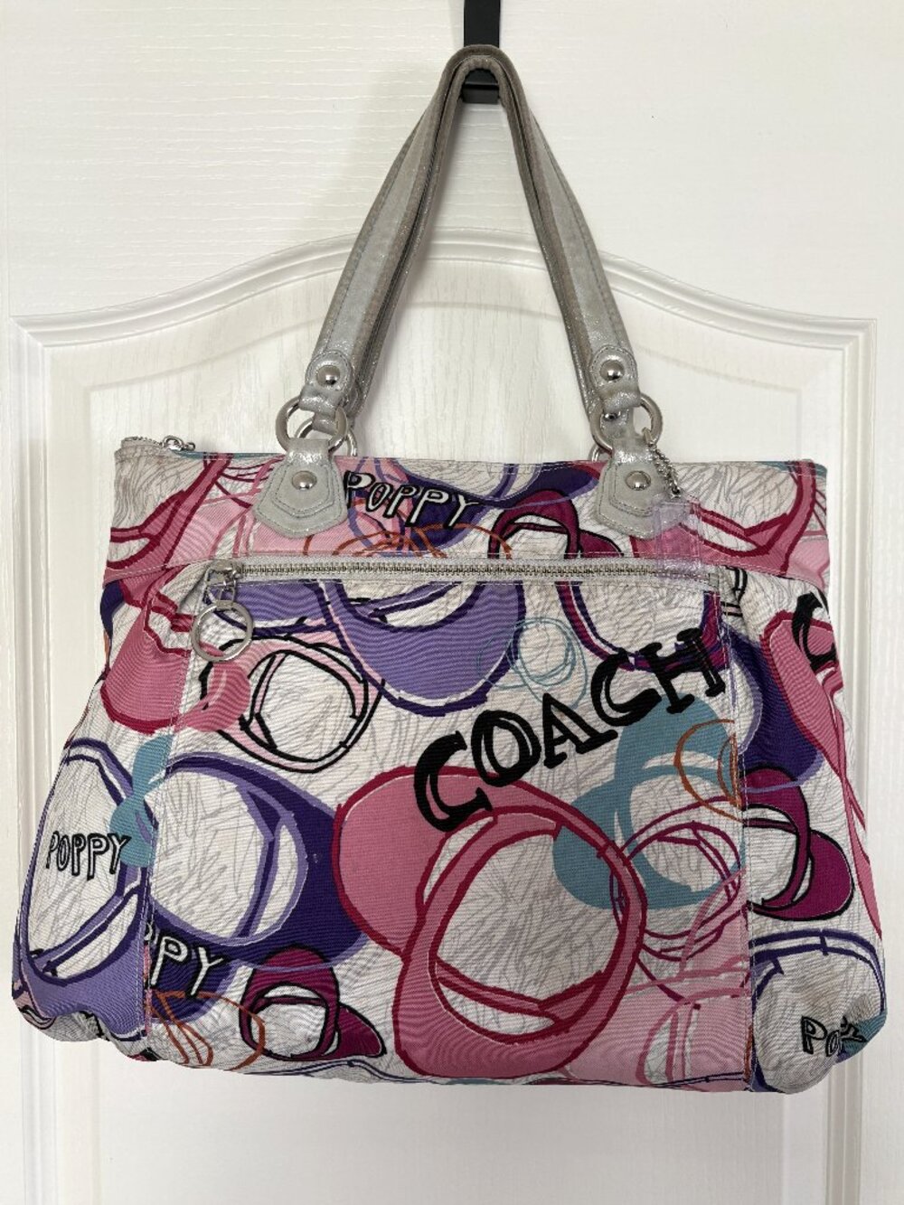 Coach Poppy Montage Glam Tote Bag Multicolor Hearts Large Handbag Pink Purple